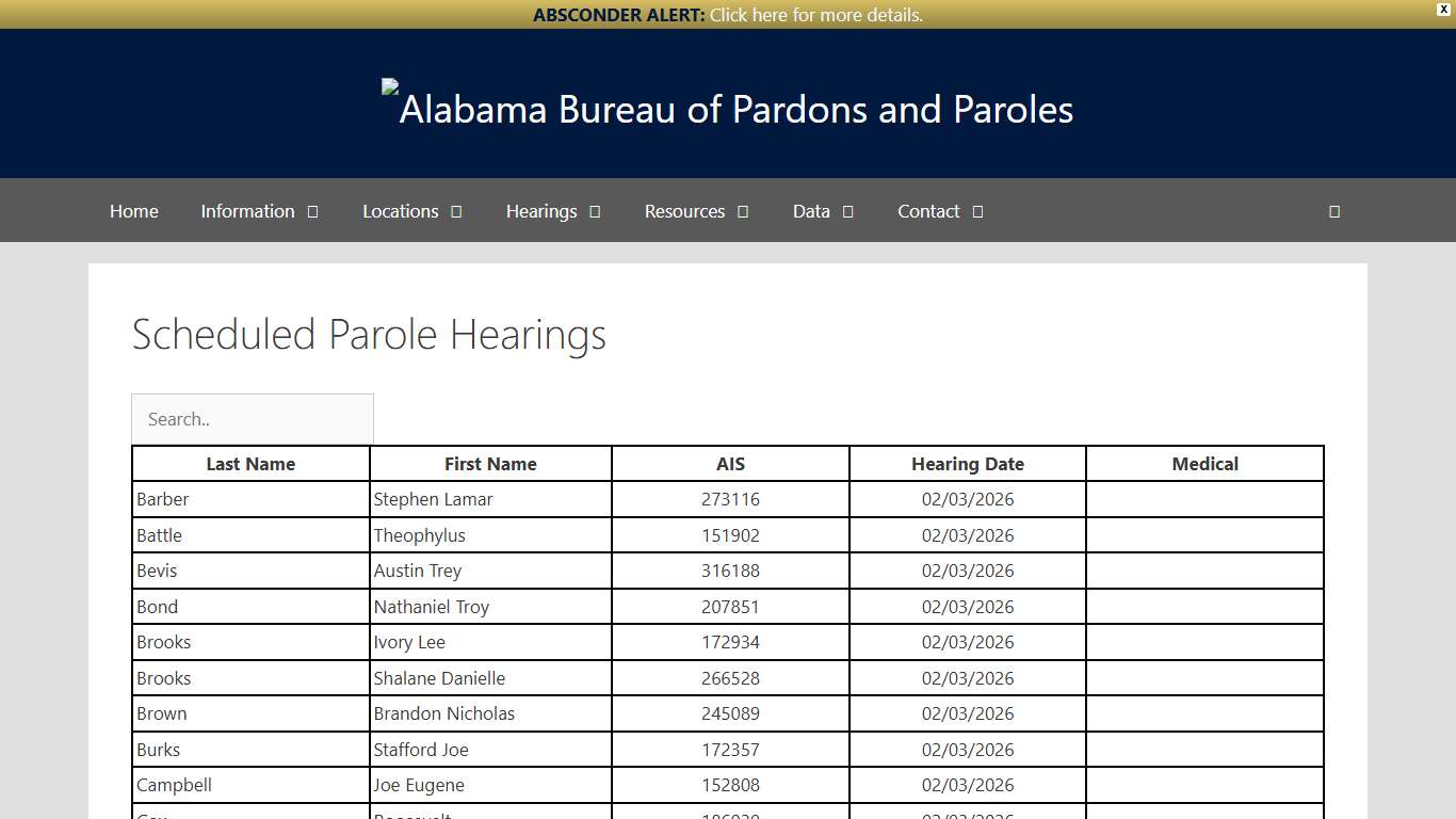 Scheduled Parole Hearings - Alabama Bureau of Pardons and Paroles